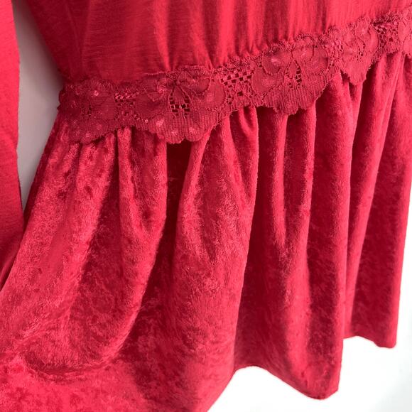 Seg’ments Merino Wool V-Neck Tunic Top Sz M Red Pleated Textured Lower Lace - Picture 3 of 13